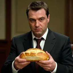Viktor Yushchenko as the American Psycho, holding a gold loaf of bread, cinematic still