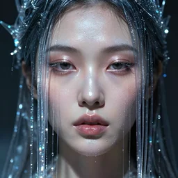 detailed face of an asian woman, lush, opulent, light cascade, shimmer, utopian, tech noir, wet reflections, prism, atmospheric, ambient, pj crook, syd mead, livia prima, artgerm, greg rutkowski, nick alm, casey baugh