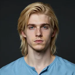 digital portrait of a skinny european male, slightly longer blond hair and a light stubble beard, wearing a light blue shirt, blue eyes, rugged, teenage, fantasy, wizard, trending artstation, dungeons & dragons, neutral expression, dark lighting, high detail