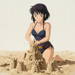 anime style, vivid, expressive, full body, 4 k, painting, woman in bathing suit building a sand castle, adonis belt, stunning, realistic light and shadow effects, centered, simple background, studio ghibly makoto shinkai yuji yamaguchi