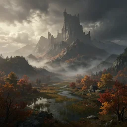 beautiful render of a autumn landscape, unreal engine, dark fantasy style, last light, majestic mountains, swamps, morning mist, dramatic clouds, big castle ruin, soft light, lovecraftian, by greg rutkowski, cgsociety