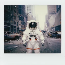 american white spacesuit astronaut with oversized helmet in postapocalyptic abandoned destroyed times square, wrecked buildings, destroyed flipped wrecked cars, giant crater in distance, polaroid photo, vintage, neutral dull colors, soft lights, foggy, overcast, by gregory crewdson