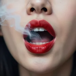 an cinematic headshot portrait of a woman's mouth, red lips, open, smoke, ultra realistic