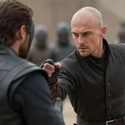 Establishing shot of a duel between two subjects, bald ominous brooding Austin Butler as Feyd-Rautha Harkonnen fighting duel against an Atreides opponent in an arena, clear gaze, detailed eyes
