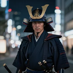 High technology samurai with samurai hat at night in japan with city lights