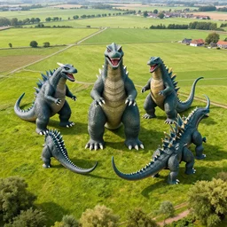 kaiju monsters standing in a dutch landscape, top view