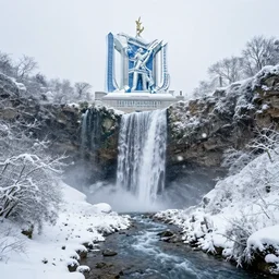 crytal palace on top of a waterfall in the snow, blizzard,  a small stream runs beneath the waterfall, landscape, raphael lacoste, eddie mendoza, alex ross, concept art, matte painting, highly detailed, rule of thirds, dynamic lighting, cinematic, detailed, denoised, centerd