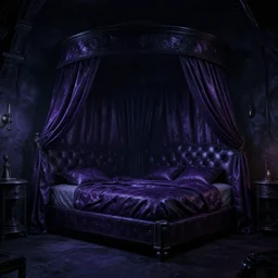 night time, moody dark, dark purple leather dungeon bedroom with king size canopy bed, blade runner 2 0 4 9