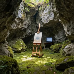 a room made of rocks with natural light and mossy floor, an artist easel in the center of the room connected to a computer