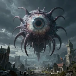 a spherical eldritch horror with multiple eyestalks and a large central eye floating in the air above a fantasy medieval city