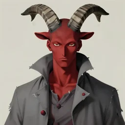 anime art handsome tall man with narrow face and dark red skin, large curved black and white striped goat horns on a head, tattered slate gray collared coat with red buttons, art by dustin nguyen akihiko yoshida greg tocchini, close up shot, empty background, elegant, hyperrealism, morandi color scheme, octane render, commission art
