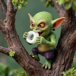 a goblin eating onion rings in a tree, 3 5 mm photograph