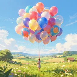 digital art of plenty of birthday balloons floating above a beautiful countryside. artstation cgsociety masterpiece