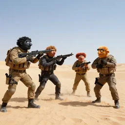 muppets dressed as special forces fighting in the desert. epic action movie production photograph.