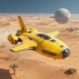 a yellow african futuristic spaceship on a desert planet, science - fiction, matte painting