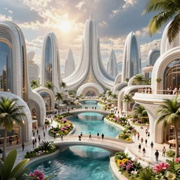futuristic utopian metropolis in paradise, canals, bridges, white marble buildings, tropical, palm trees, blooms, crowds of people, by leon tukker, zaha hadid, photography, cinematic lighting, octane render, artstation
