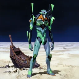 turquoise moonlight, a green satyr stands beside his wrecked fifteenth century carrack at the bottom of a dried - up lake in an ivory desert beneath a starless night sky, evangelion, kyoto animation still, intricately detailed features, digital painting, yoshiyuki sadamoto