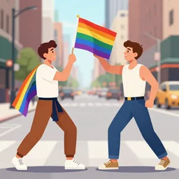 two gay men fighting over a rainbow flag in a major city street, in the style of adamtots