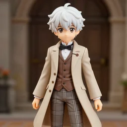 nendoroid aziraphale from good omens, finely detailed features, good omens tv series, white curly short hair, beige suit, tartan pants, long coat, brown vest, bow tie, high detail, michael sheen, no blur