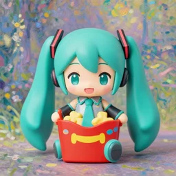 A happy meal toy of Hatsune Miku, vibrant, cute, chibi, highly detailed, mint condition, oil painting by Claude Monet