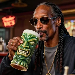 a closeup photorealistic photograph of snoop dogg at trader vic's bar drinking from a snoop dogg themed tiki mug. brightly lit scene. this 4 k hd image is trending on artstation, featured on behance, well - rendered, extra crisp, features intricate detail, epic composition and the style of unreal engine.