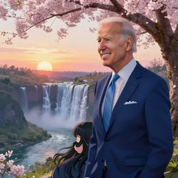 featured on artstation photorealistic joe biden meets a beautiful smiling anime girl with black hair under a cherry tree overlooking valley waterfall sunset beautiful image stylized digital art