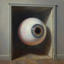 a painting of a walking eyeball going into a closet