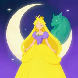 portrait of princess of the dreamlands and moon beast, by brom, vibrant colors, yellow purple green, minimalist
