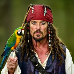 walter white dressed as a pirate captain, scruffy beard and a parrot