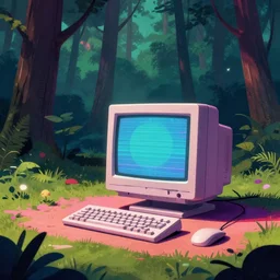Retro computer in a dense forest, synthwave colors
