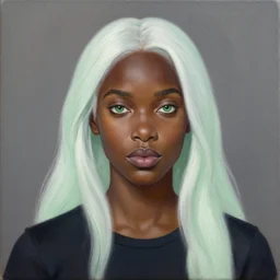 a detailed matte oil on canvas head on symmetrical portrait of black skinned woman with! long white hair! and ( pale green ) hair and green irises, wearing a dark cotton shirt by charlie bowater, lise deharme, wlop, trending on artstationhd, dungeons and dragons art critical role