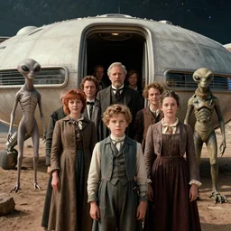 sharp, 70mm still from a sci fi blockbuster color movie made in 2022, set in 1860, of a family leaving a spaceship that has just landed on an alien planet, a humanoid alien creature stands nearby, the family are wearing 1850s era clothes, 4k, in focus, perfect faces, extremely good quality lighting, good quality photography, a list cast, famous actors, famous actresses, oscar winner