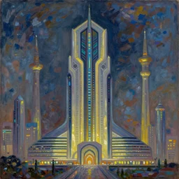 a cyberpunk art deco monument to allah in neo - mecca by greg rutkowski and claude monet, oil on canvas.