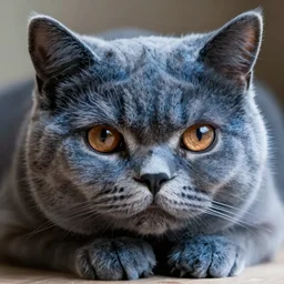 hyperrealistic high quality photo close-up of a sad cute blue cat with round puppy eyes sharp cinematic lighting 8k low angle shallow depth of field