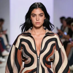 olivia wearing a mobius strip jacket, runway model at new york fashion week, fit curvy physique, black hair, freckles, pale skin, photo by greg rutkowski, stage lighting, soft colors, female beauty, intricate detail, elegance, 3 5 mm, depth of field, masterpiece