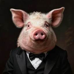 portrait of a pig in a tuxedo, dramatic light, Chiaroscuro, dark, classic portrait, high detail, illustration by Caspar David Friedrich