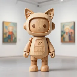 8 k octan, advertising, highly detailed, photo, a totally wooden figurine collectible art toys wooden on feet, very cute minimalist robot zen with cat ears and flowers, cyberpunk a contemporary art gallery, symetrical, masterpiece, nofinito, design