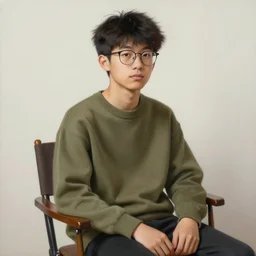 painting of a shaggy black haired teenager!!! with glasses sitting on a chair, clothed with an olive! colored sweater and a black jean, with a laptop on his lap, full body!, renaissance!!! painting!!!, art by Michelangelo, smooth shading, ultra detailed, high resolution, masterpiece
