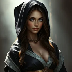 portrait of alison brie as a beautiful wizard wearing a satin black robe and ornate gold belt, photorealistic, highly detailed, mysterious lighting, artstation, smooth, sharp focus, art by michael whelan, artgerm, greg rutkowski and luis royo