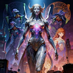 epic poster of a massive female biomorphic cyborg goddess queen statue with intricate energy core in the style of horizon zero dawn, neon genesis evangelion, surrounded by futuristic downtown city, midnight by artgerm, jean moebius giraud, yoshitaka amano, alphonse mucha, beeple, greg rutkowski. octane render.