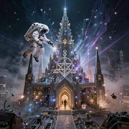 astronaut constructing masonic temple, technology and magick, circuitry and sigils combined, photorealistic, royo, frazetta, leds, dust, laser light, crystalline shimmers, chaos, complexity, emergence,