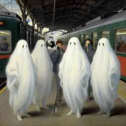 a beautiful painting of ghosts waiting for their train at the station, detailed masterpiece by Rembrandt, Michelangelo, Moebius, Frank Frazetta, Hayao Miyazaki, Thomas Kinkade