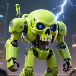 Beautiful digital art of a lime coloured skull shaped destroyer robot looking at the camera, 4K Ultra HD, dramatic lightning, trending on artstation, high detail, epic composition, Octane render