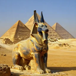 beautiful landscape of ancient cairo egypt giant satue of anubis in the forground pyramids in the background, art by anders zorn, wonderful masterpiece by greg rutkowski, beautiful cinematic light, american romanticism thomas lawrence, greg rutkowski