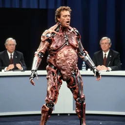 ted cruz body horror directed by david cronenberg, limb mutations, cybernetics, bloated flesh, debate stage, cinestill 8 0 0 t, 1 9 8 0 s movie still, film grain