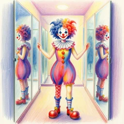 colour pencil drawing of a Clown girl in a hallway of mirrors,  with gradients and vibrant colors