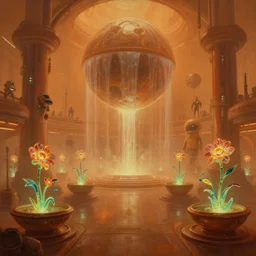 a minimalist bioluminescent oil painting by donato giancola, warm coloured, cinematic scifi luxurious futuristic foggy steam filled spaceport with a giant orb in waterfalls with microscopy stained glass flowers growing out of pretty bulbous ceramic fountains, gigantic pillars and flowers, maschinen krieger, beeple, star trek, star wars, ilm, star citizen, mass effect, artstation, atmospheric perspective