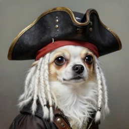 a detailed and accurate masterpiece painting of a pirate chihuahua with white dreadlocks, white hair dreads, sharp detail, by tyler edlin, noah bradley, john j. park, jordan grimmer trending on artstation