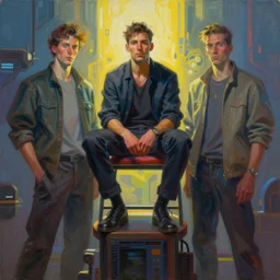 a painting of a man sitting on top of a chair, cyberpunk art by glen orbik and by juan gimenez and by les edwards, cgsociety, neo - primitivism, dystopian art, biomorphic, parallax