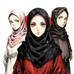 hijab tribe jaw japan flag background, sharp eyes, character designs, digital painting, manga, ink illustration, richard dadd